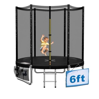 Afbeelding van Devoko Trampoline, Kindertrampoline Ø 183/228/305/366/427 cm Complete Set met Veiligheidsnet, Ladder, Afdekhoes, Schoenennet Elastische Tuinmat,50 kg (Zwart)