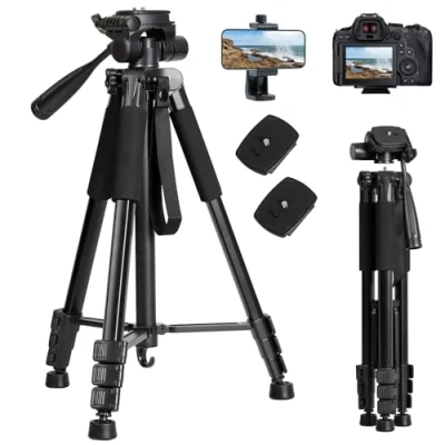 Afbeelding van LINKCOOL Camerastatief voor Canon Nikon Sony, 65 inch aluminium statiefstandaard met afneembare kop en telefoonhouder draagtas, lichtgewicht DSLR statief smartphone/vlog/streaming, max.