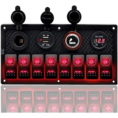 Afbeelding van CT CARID 8 Bende Rocker Schakelpaneel, 4 in 1 Multi Functies Schakelaar Schakelpaneel voor Auto Boot Marine RV Vrachtwagen Camper Voertuigen Rood