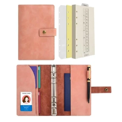 Afbeelding van WONDERPOOL Lederen dagboek, navulbaar notitieboek, ringband, map, portfolio, papier met stippellijnen en binnenvakken voor reis, werk persoonlijke agenda, roze, A6