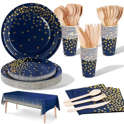 Afbeelding van Nkaiso Feestservies 141 stuks marineblauw goud papier servies set inclusief papieren borden servetten kopjes messen vorken lepels voor bruiloft douche verloving verjaardag (20 gasten)