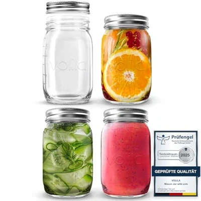Afbeelding van volila Glazen Potten Met Deksels (490 ml) metselaarpotten, Mason Jar (4 Stuk) voor Overnight Oats, Inmaken en Jam Maken 16oz, Porta Biscotti, Contenitore vetro