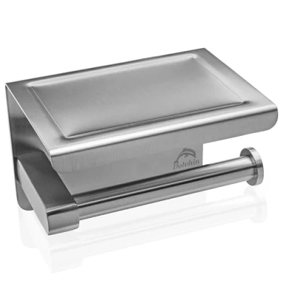 Afbeelding van Dolvhin® Toiletpapierhouder zonder boren, premium wc rolhouder met plank en inkeping, roestvrijstalen om te plakken boorgaten (geborsteld)