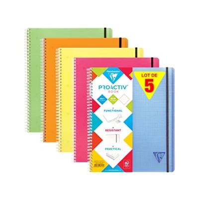 Afbeelding van Clairefontaine 328175C Set van 5 Linicolor Proactiv&#039;Book schriften A4+ 22,5x29,7cm 160 geperforeerde 4 gaten en Kleine ruiten pagina&#039;s 90g wit pappier Polypropyleen kaft Willekeurige kleuren
