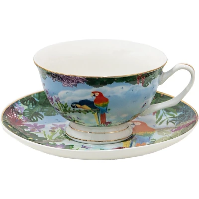 Afbeelding van Clayre &amp; Eef Kop en schotel 200 ml Groen Porselein Papegaai Servies
