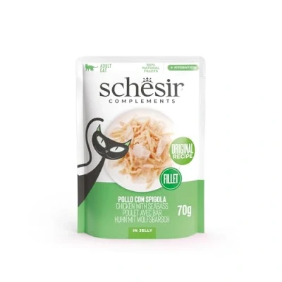 Afbeelding van 12x Schesir Complementary in Gelei Kattenvoer Nat Kip&amp;Zeebaars 70 gr