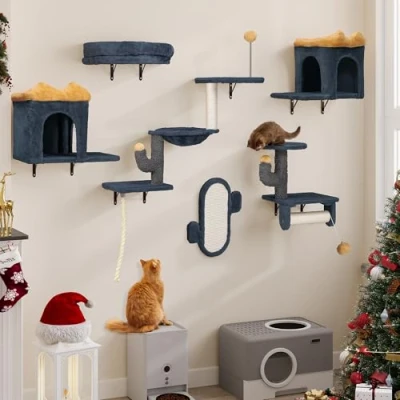 Afbeelding van YITAHOME 7 delige klimwandset voor katten, stevige pluche klimrek speeltorens met kattenhuis, kattenhangmat en hangbal, donkergrijs geel