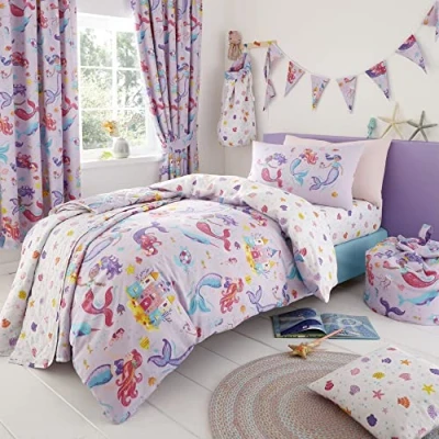 Afbeelding van Happy Linen Company Meisjes Kids Magische Zeemeerminnen Lila Paars Eenpersoons Omkeerbaar Dekbedovertrek Beddengoed Set