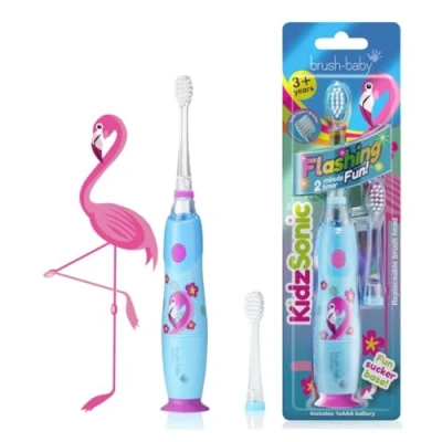 Afbeelding van Brush Baby KidzSonic Electrische Tandenborstel (vanaf 3 jaar) Disco licht Timer &amp; Pulse Flamingo Lichtblauw Incl. 2 opzetborstels en batterij