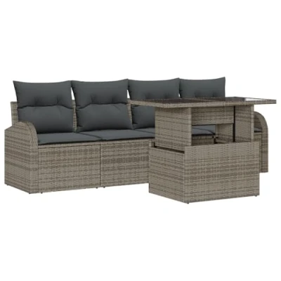Afbeelding van vidaXL 5 delige Tuin Sofa Set met Kussens Grijs Poly Rattan, 2 Zits Opslag &amp; Rattan