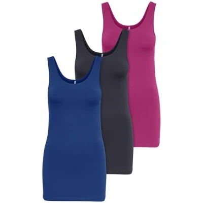 Afbeelding van ONLY Set van 3 basic tanktops voor dames, wit, zwart, grijs, blauw, crème, lange zomershirts top 15201465, Kleurmix 4, L