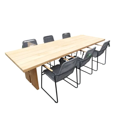 Afbeelding van Set van Zen tafel 300x100x75 cm teak en 6 Wasabi stoelen grijs incl. kussen Yoi