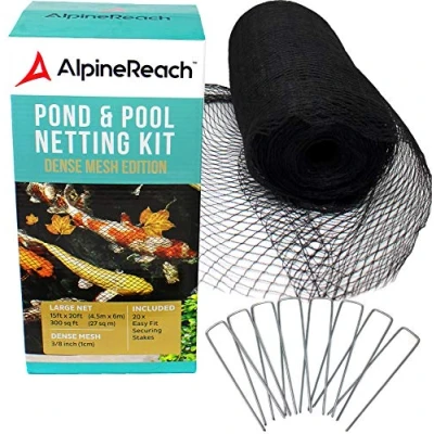 Afbeelding van AlpineReach 4,5m x 6m Vijvernet Koi Pond Netting Zwart 20 stalen nietjes gegalvaniseerde palen Heavy Duty fijn gaas net cover voor bladeren beschermt vissen tegen blauwe reigervogels katten roofdieren