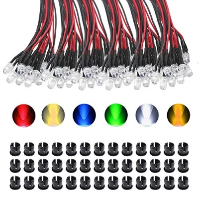 Afbeelding van KeeYees 60 stuks 5 mm leds met 20 cm kabel DC 12 V LED klaar bekabeld wit warm rood blauw groen geel (10 x 6 kleuren) + plastic montageringen