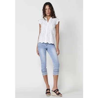 Afbeelding van Koroshi Short Sleeve WITH Perforated Embroidery Blouse, Dames, Maat: XL, Blanco white