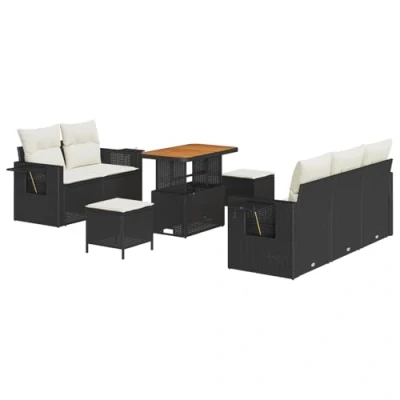 Afbeelding van vidaXL 8 delige Tuin Sofa Set met Kussens Zwart Poly Rattan Acacia, 3 Eetset Acacia