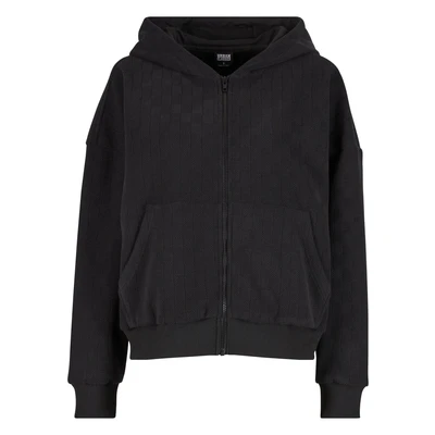 Afbeelding van Urban Classics Damestrui met capuchon, jacquard fluweel, oversized ritssluiting, casual hoodie van fluweel pasvorm, zwart, S