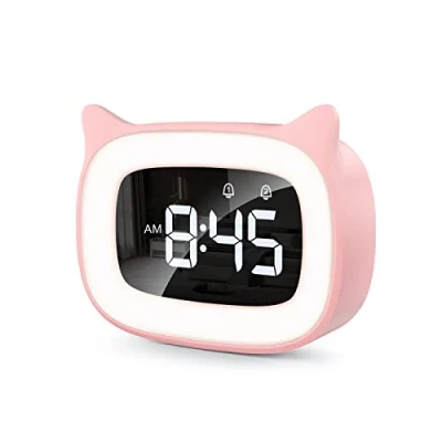 Afbeelding van mizikuu Wecker Digital Kinder, mit Licht, Dual Wecker, LED Nachtlicht mädchen Funkuhr Snooze Funktion 18 Musik Klingeltöne 5 Helligkeitsmodus 12/24 Stunden USB Aufladung, Rosa