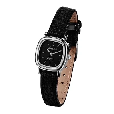 Afbeelding van JewelryWe Dameshorloges lederen band slim horloge vrouwen jurk mode waterdicht klassiek tijdloos eenvoudig design analoog kwarts polshorloge met vierkante wijzerplaat, zwart zilver, Riemen.