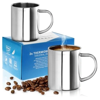 Afbeelding van Robin Goods® 2x RVS thermobekerset 350 ml per koffiemok thermo drinkbeker van hoogwaardig breukvaste koffiekan dubbelwandige isolerende mok (02 stuks glanzend)