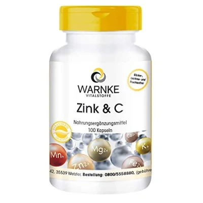 Afbeelding van zink + vitamine C 300mg en 5mg per capsule veganistisch &amp; hoog gedoseerd 100 capsules Warnke Vitalstoffe Duitse apothekerskwalitei