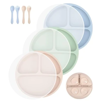 Afbeelding van SinLaw 3 stuks siliconen kinderborden, kinderbord met antislip zuignap, kinderserviesset vorken, lepel en deksel, BPA vrij voor baby&#039;s, peuters kinderen (groen, blauw, beige)