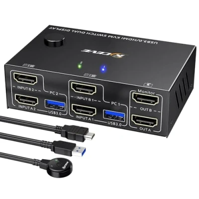 Afbeelding van Dual Monitor KVM Switch HDMI 4K@60Hz 2K@144Hz, Simulatie EDID, 2 PC Monitoren met 4 USB 3.0 Poorten voor Toetsenbord, Muis, Bedrade Afstandsbediening en Kabel Inbegrepen