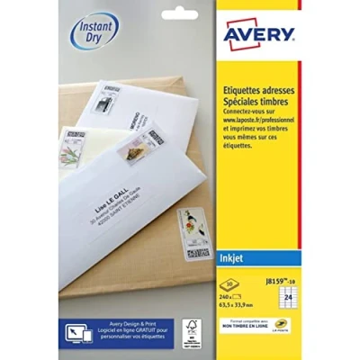 Afbeelding van Avery J8159 Zelfklevende etiketten (24 per vel), 63,5 x 33,9 mm, Inkjetprint, wit Verpakking: 10 vellen Kleur: