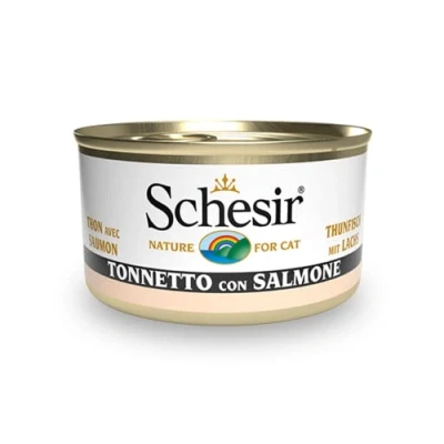 Afbeelding van Schesir, Natvoer voor volwassen katten met smaak tonijn zalm, filets in zachte gelei totaal 2,04 kg (24 blikjes à 85 g)