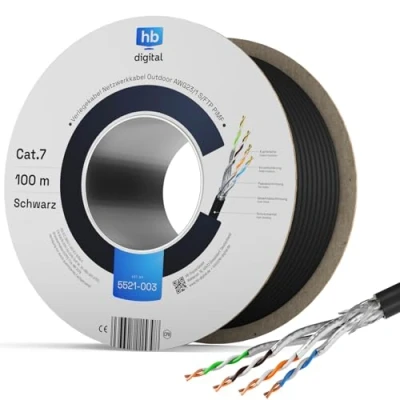 Afbeelding van hb digital 100 m CAT 7 installatiekabel, ethernet, 1000 MHz, 10 GB, outdoor, zwart, AWG23/1, PE S/FTP, dubbel afgeschermd, PIMF, zuiver koper, gegevens ruw / begraven voor buiten