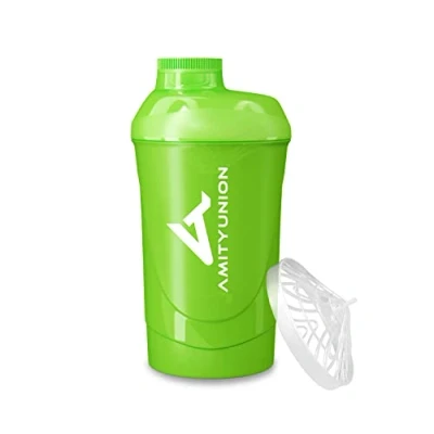 Afbeelding van AMITYUNION Protein Shaker Green Deluxe 800 ml proteïneshaker lekvrij BPA vrij met zeef en schaal voor romige wei eiwitpoedershakes fitnessbeker in de sportschool isolaten