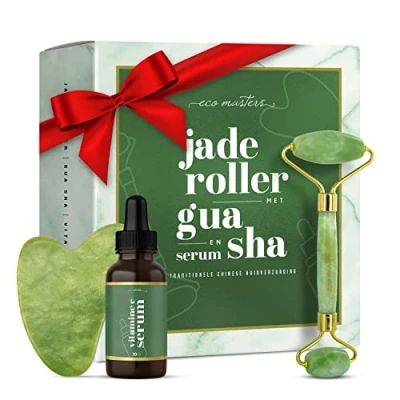 Afbeelding van Eco Masters Jade gua sha gezichtsmassage roller 100% pure steen Met serum van vitamine C en aloë vera