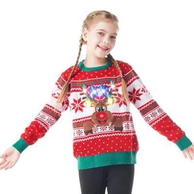 Afbeelding van Giggling Getup lelijke kersttrui voor kinderen, led oplichtende met rendier, Rood, 8 10 Jaren