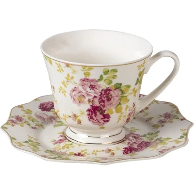 Afbeelding van Clayre &amp; Eef Kop en schotel 200 ml Wit Porselein Rond Bloemen Servies