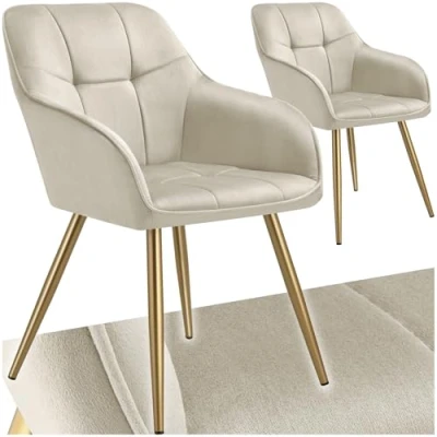Afbeelding van tectake® 4 x Fluwelen Stoel set van Eetkamerstoelen Met Gewatteerde Stof, Moderne Keukenstoelen, Comfortabele Fauteuil Voor Woonkamer, Eetkamer, Lounge creme / goud