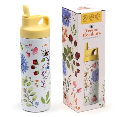 Afbeelding van Puckator Herbruikbare thermosfles van staal met rietje en flip topopening 500 ml bijen Nectar Meadows 24 uur koud 12 warm