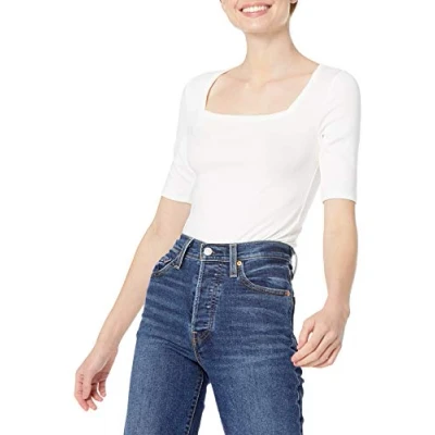 Afbeelding van Amazon Essentials Women&#039;s T shirt met halve mouwen, vierkante hals en slanke pasvorm, Helder wit, M