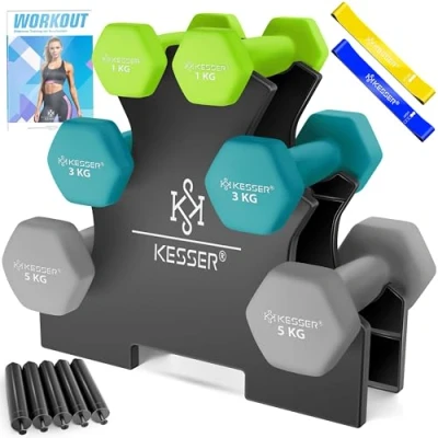 Afbeelding van KESSER® Dumbells Set 3 Paren Gewichten met Standaard verstelbare Dumbell Geschikt voor Krachttraining Halterset oefeningenboekje, 2x fitnessbanden, Lichtgroen / Benzineblauw Lichtgrijs 2 x (1+3+5)kg