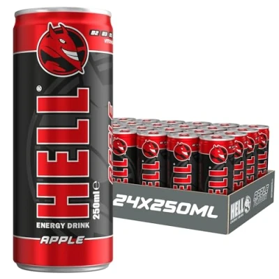 Afbeelding van HELL Energy Drink Appelsmaak 24 x 250 ml blikjes multipack 32 mg/100 cafeïne Bevat vitamine B2 B3 B5 B6 B12 Conserveermiddel Gratis Veganistisch Verminder vermoeidheid en boost energie