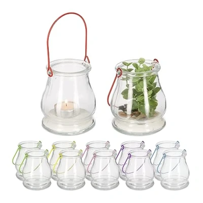 Afbeelding van Relaxdays windlicht set van 12 theelichthouder kleurrijk hengsel decoratie glazen