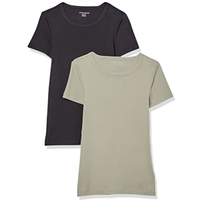 Afbeelding van Amazon Essentials Women&#039;s T shirt met korte mouwen en ronde hals in slanke pasvorm, Pack of 2, Saliegroen/Zwart, XXL