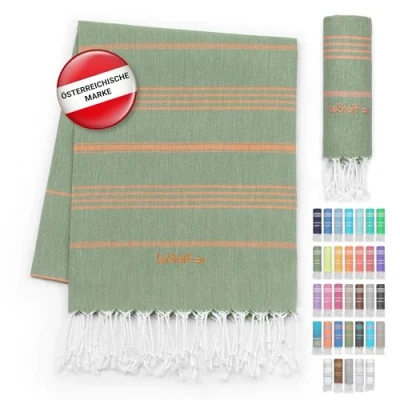 Afbeelding van LeStoff de traditionele Hamamdoek Strandlaken Badhanddoek Saunahanddoek Douchehanddoek Spa Sport Yoga Reizen 100% Biologisch Katoen. Duurzaam, natuurlijk, zacht en voorgewassen. (95 x 180 cm, Olive Orange)