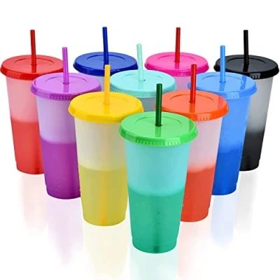 Afbeelding van PALUDO 10 Stuks Herbruikbare Plastic Bekers met Deksels en Rietjes, 710ml Kleur Veranderende Bekers, Reisbeker Feestbekers Drinkbekers voor Kinderen Volwassenen Drinken Smoothie Sap Ijskoffie