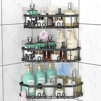Afbeelding van STEUGO Hoek douche Caddy, organisator met 12 haken, 3 Pack zelfklevende roestvrij staal planken voor badkamer opslag, geen boorwerk muur gemonteerde Rack (mat zwart)