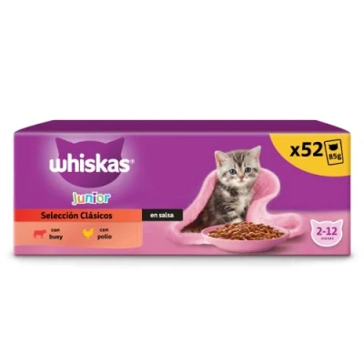 Afbeelding van Whiskas Lekkere keuze in Sauce Junior 2 12 maanden, kattenvoer, natvoer, voorraad, verpakking met 13 verpakkingen van 4 zakken x 85 g (52 totaal)