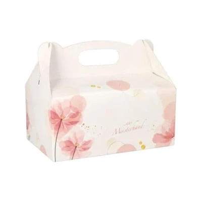 Afbeelding van Papstar #18851 Bakdozen/cupcakebox met draaggreep (20 stuks), hoekig, rosé mooie neutrale print, 20 x 13 9 cm, van 350 gr/m² dik karton