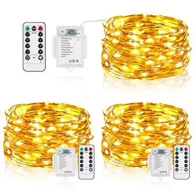 Afbeelding van Led lichtsnoer, werkt op batterijen, 5 m, 50 leds, koperdraad met afstandsbediening, 8 modi, waterdicht, dimbaar, voor slaapkamer, feest, boomdecoratie (3 stuks, warm wit)