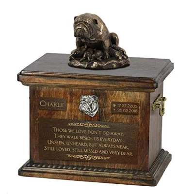 Afbeelding van Art Dog Custom Sitting Statue Memorial Urn Handgemaakt koud gegoten brons op berkenhouten voet 8,3x11,4x8,7 5l Engelse Bulldog II