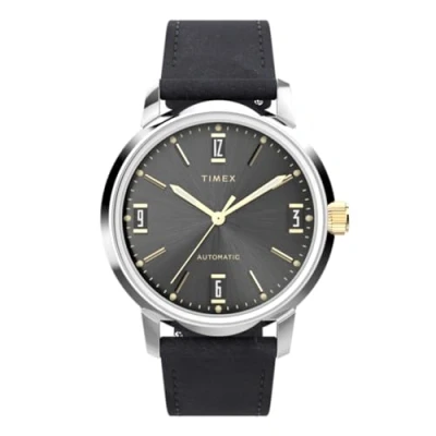 Afbeelding van Timex Marlin Automatisch 40 mm herenhorloge zwart lederen tweedelige band met snelsluiting, zwarte wijzerplaat, roestvrijstalen kast, TW2W33900