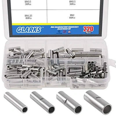 Afbeelding van Glarks 220 stuks niet geïsoleerde Butt Connectors Assortiment Kit, 22 16/16 14/14 12/12 10 AWG Gauge Naadloze Ongeïsoleerde Elektrische Draad Ferrule Kabel Crimp Terminal Kit voor Splice DIY